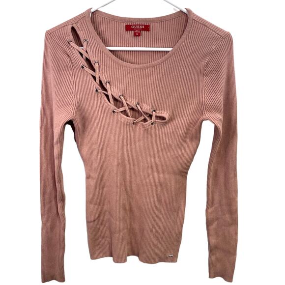 Y2K Guess Pink Lace Up Cut Out Light Sweater Size S/M Coquette Feminine - Picture 1 of 3